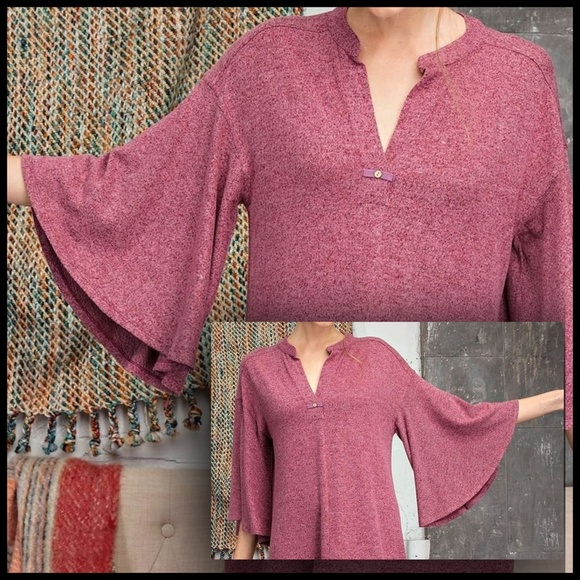 EASEL Hacci Knit Sweater Dress Mandarin Collar V-Neck & Statement Bell Sleeves - Picture 14 of 16